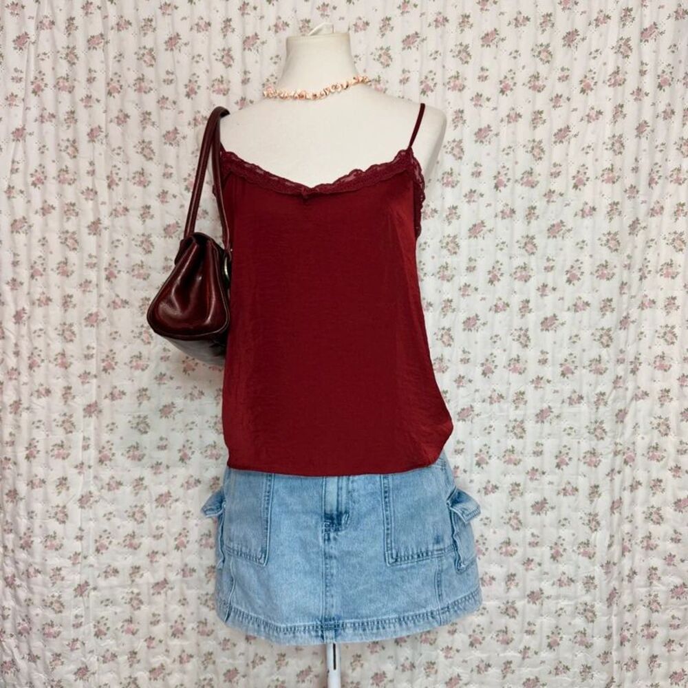 Y2K 2000s Hollister Burgundy Camo Lace Trim Tank Top Adjustable Straps S